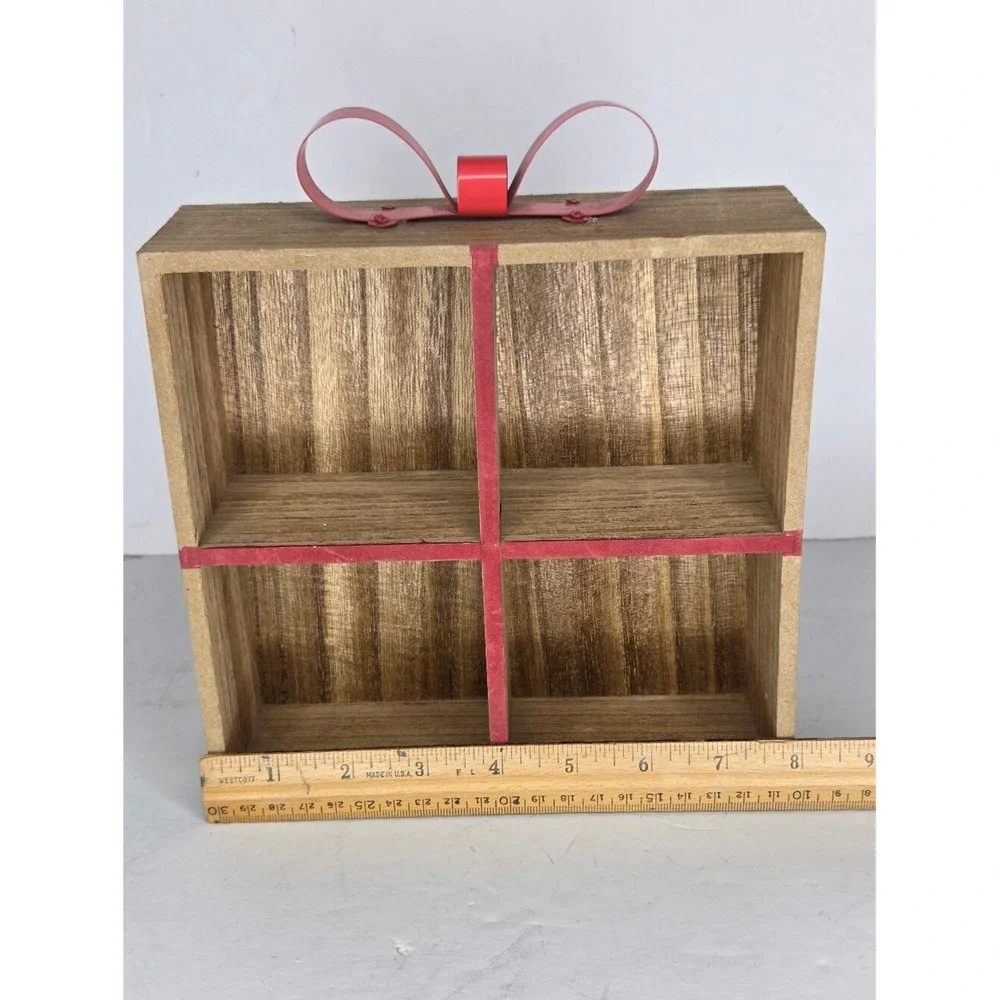 Wood Trinket Wall‎ Shelf Christmas Present Gift Package Red Metal Ribbon Bow
